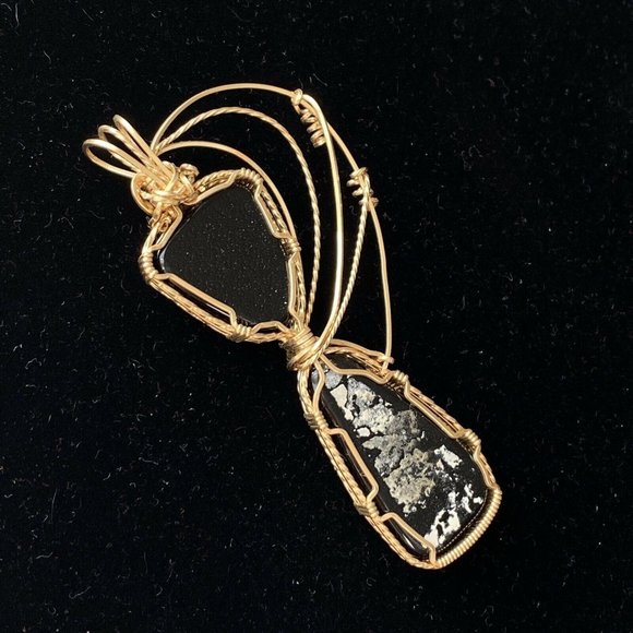 Wrapped Dichroic Glass Cabochons Pendant Purple Blue Green Gold Filled Wire 3” - Picture 10 of 10